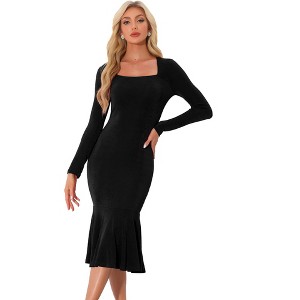 Allegra K Women's Square Neck Long Sleeve Party Club Bodycon Dress - 1 of 4