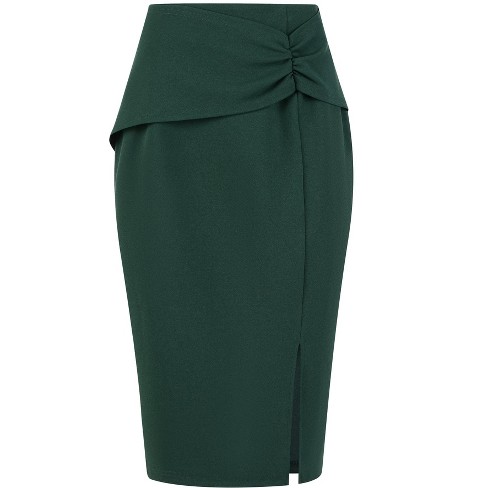 Hobemty Women s Office Ruched Slit High Waist Knee Length Pencil Skirts Green Medium