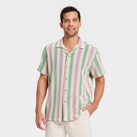 Мужские рубашки Goodfellow & Co Men's Short Sleeve Open Work Button-Down Camp Shirt - Goodfellow & Co™ - Green/Purple Striped L