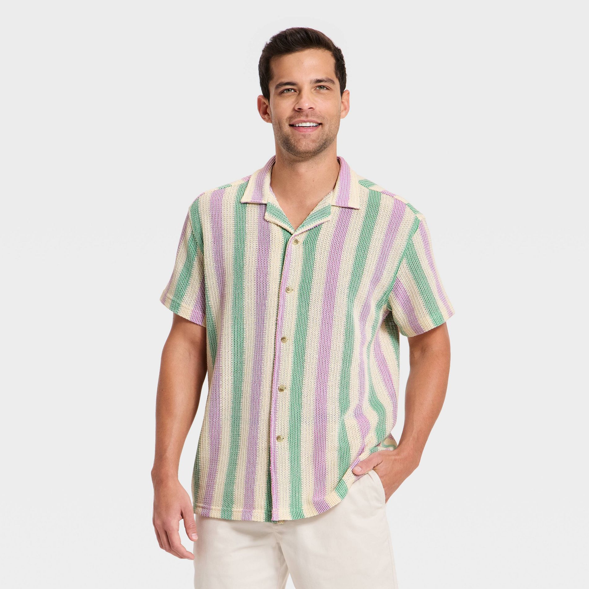 Men's Short Sleeve Open Work Button-Down Camp Shirt - Goodfellow & Co™ - Green/Purple Striped