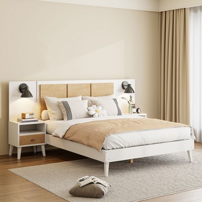 Queen Size Bed Frame with 2 Nightstands, Wood Platform Bed with Rattan Headboard, Wooden Slats Support, No Box Spring Required