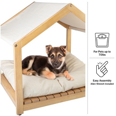 Small Natural Wood Indoor Dog House with Cushion and Canopy
