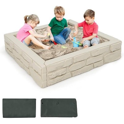 Costzon Kids Sandbox with Cover, 47"x47" HDPE Sand Box with Oxford Cover, Liner & Reinforced Frame, Weather-Resistant for Backyard (Oxide White)