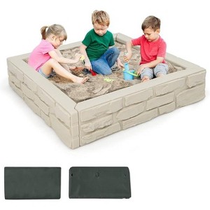 Costzon Kids Sandbox with Cover, 47"x47" HDPE Sand Box with Oxford Cover, Liner & Reinforced Frame, Weather-Resistant for Backyard (Oxide White) - 1 of 4