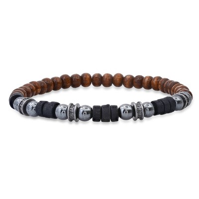 Steeltime Men's stainless steel, hematite and black/brown wood beaded bracelet