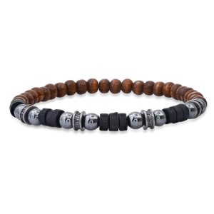 Steeltime Men's stainless steel, hematite and black/brown wood beaded bracelet - 1 of 4