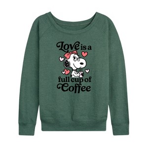 Women's - Peanuts - Belle Love Is A Full Cup Of Coffee with Hearts Lightweight French Terry Wide Neck Long Sleeve Shirt - 1 of 4