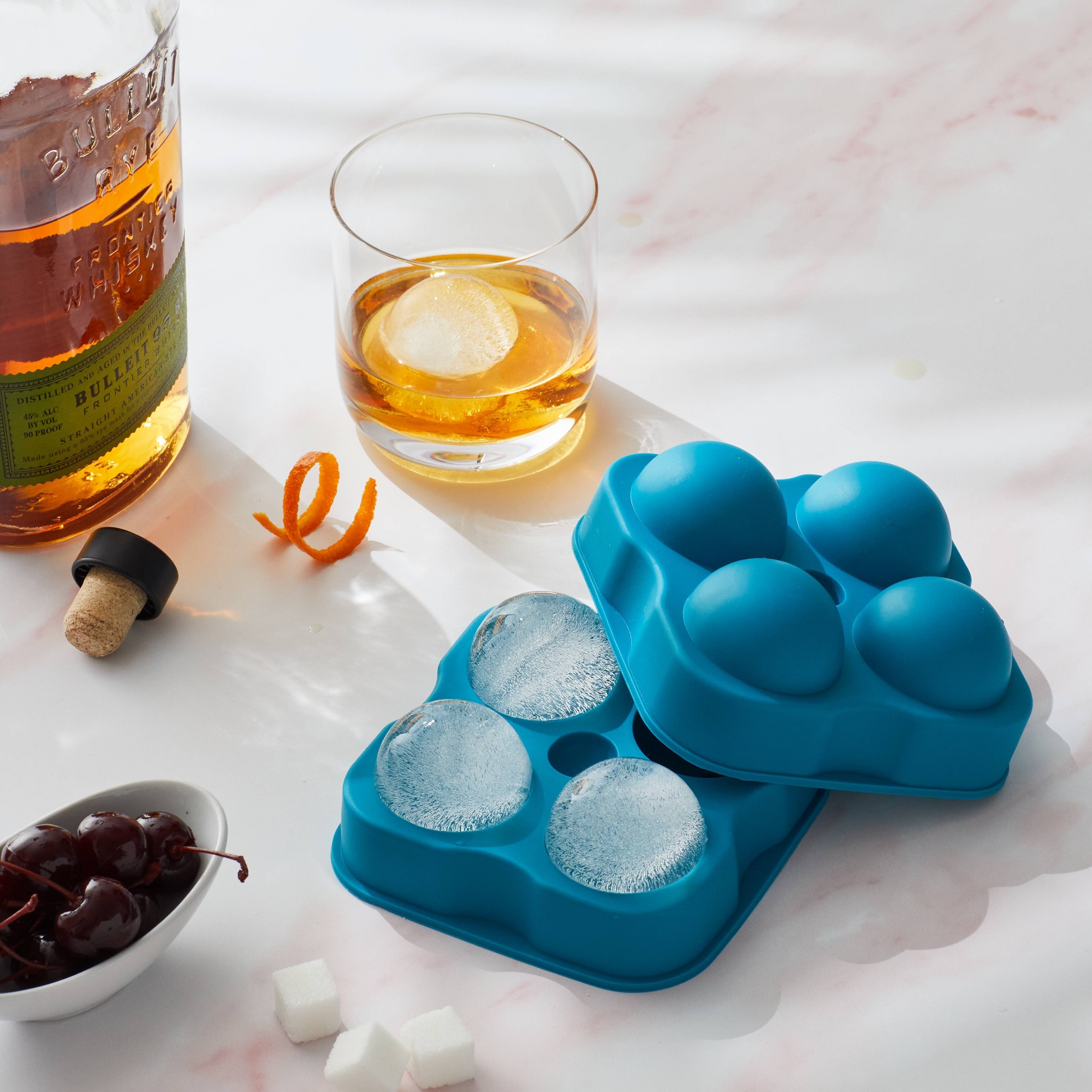 Houdini Ice Sphere Tray: Silicone Whiskey Ice Mold, Reusable Dishwasher Safe, Turquoise Blue, 4 Cavities