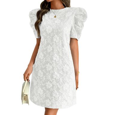 Coolmee Women's Elegant Floral Jacquard Dress Puff Sleeve Lightweight Shift  Mini Dresses for Summer Casual White L : Target