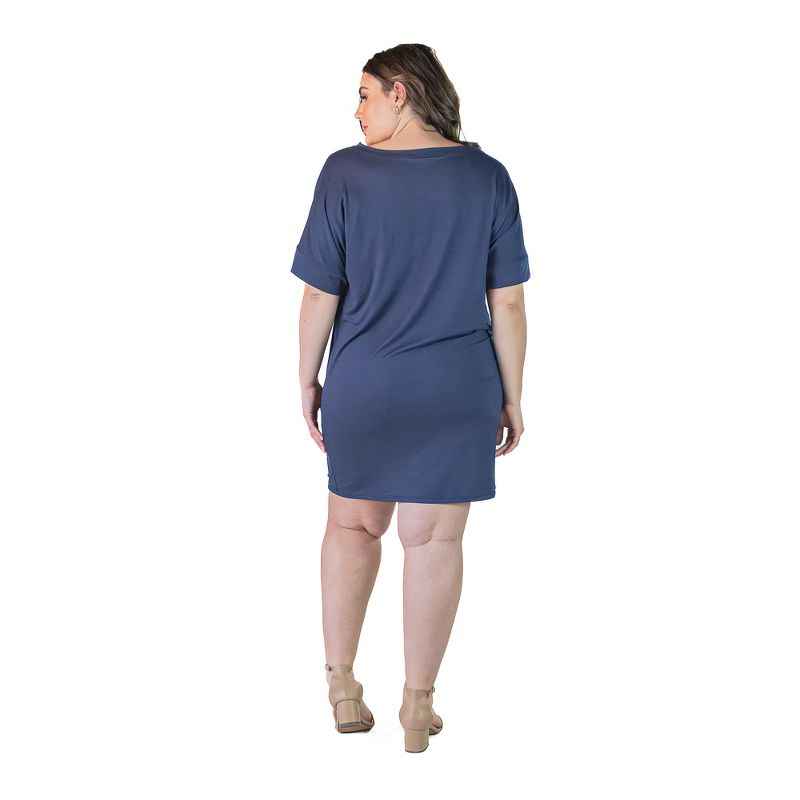 24seven Comfort Apparel Plus Size Solid Color Loose Fit V Neck T Shirt Style Knee Length Dress, 3 of 7