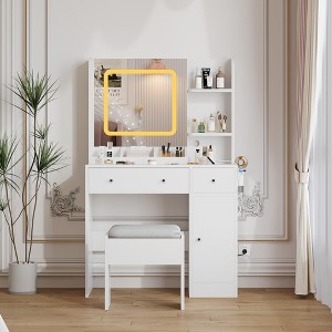 Girls' Vanity Desk with Mirror & Dimmable 3-Color Lights, Makeup Table with USB Charging, 3 Drawers & 3 Shelves, Bedroom Stool Set - 1 of 4