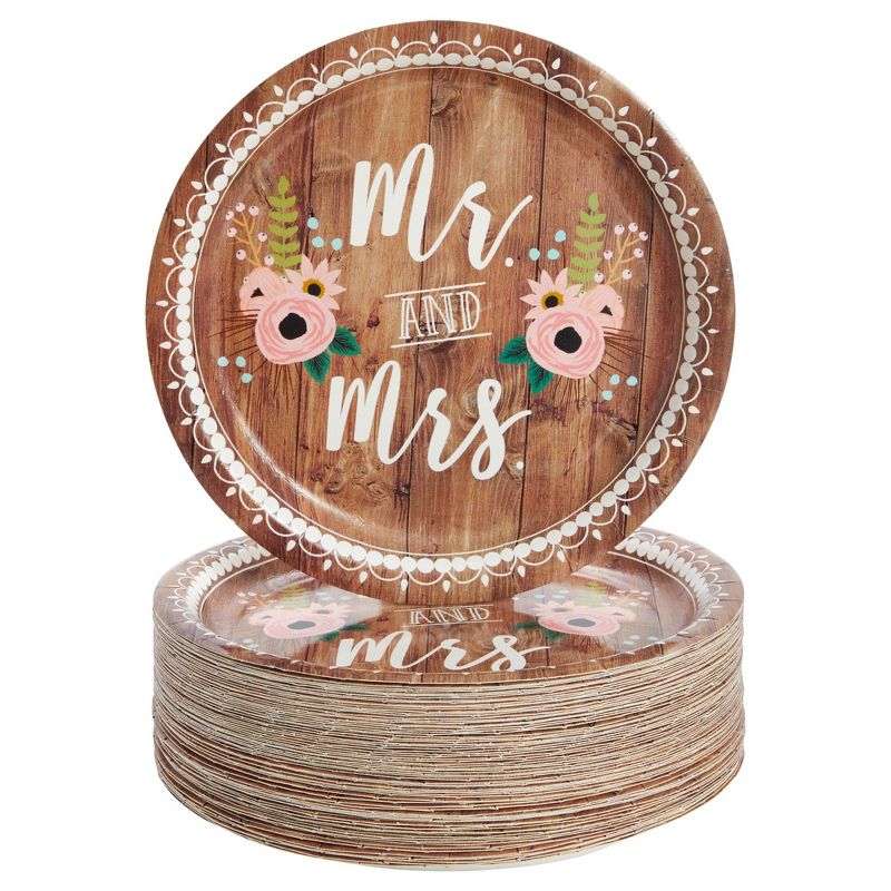 Blue Panda 80-Count Mr. and Mrs. Rustic Disposable Paper Plates 9" Brown Wedding Party Supplies, 1 of 10