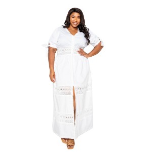 Slickblue Women's Plus Size Puff Sleeve Maxi Dress, Lace Inserts, Stylish Design, White/Black, Size 1XL-3XL - 1 of 4