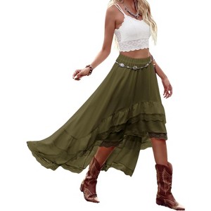 Women's Western Boho Skirt - Lace Ruffle Asymmetrical Hem Cowgirl Style Army Green - 1 of 4