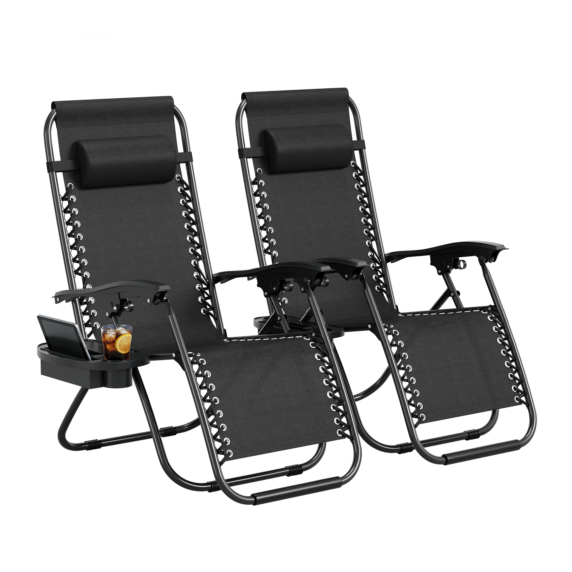 Zero Gravity Chair Set of 2, Outdoor Patio Lounge Chairs with Pillow & Cup Holder Tray, Adjustable Reclining Folding Chairs for Beach, Yard,Black
