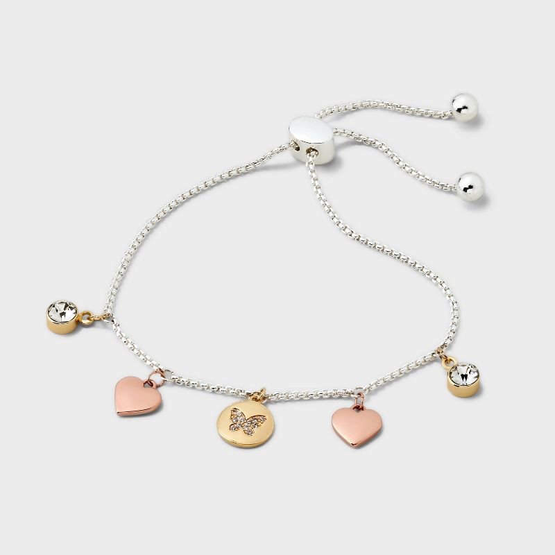 Silver Plated Tri-Tone Cubic Zirconia Butterfly and Heart Adjustable Bolo Bangle Bracelet - Rose Gold/Gold/Silver, 3 of 5