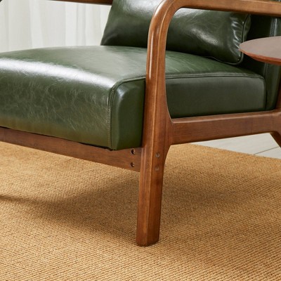 Green Faux Leather Mid-Century Modern Accent Chair with Walnut Wood Frame