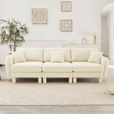 Modern Boucle 3-Seater Sectional Sofa, Sculptural Style Couch with Armrests and Cylindrical Legs, Fabric Couch with Plush Cushion-Coolbibila