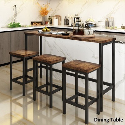 4 Pcs Dining Bar Table With Side Table, 3 Stools, Footrest Height Long Dining Table Set for Dining Room Multifunctional Counter Height Dining Table