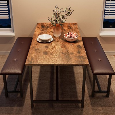 Dining Room Table Set with 2 Benches,Dining Table Set for 4 Kitchen Table with 2 PU Upholstered Benches