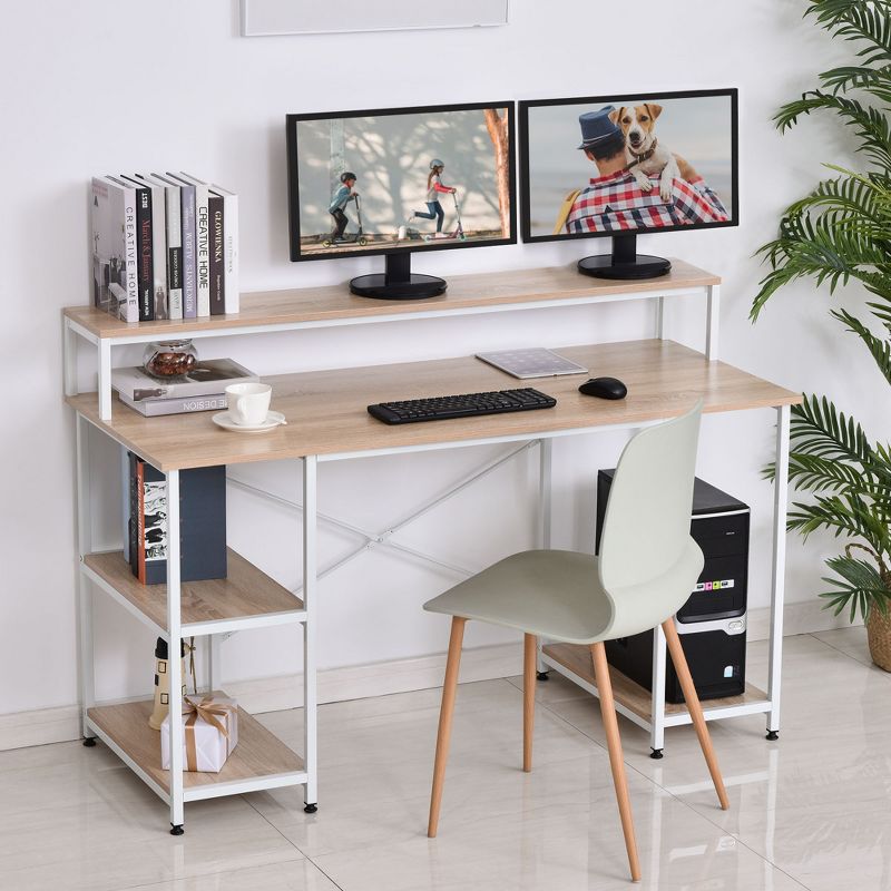 HOMCOM 55 Inch Home Office Computer Desk Study Writing Workstation with Storage Shelves, Elevated Monitor Shelf, CPU Stand, 2 of 9