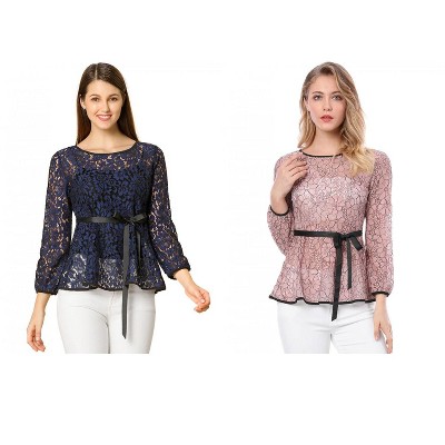 INSPIRE CHIC Women's 2 Packs Semi-Sheer Elegant Tie Waist Long Sleeve Floral Lace Peplum Blouses Green X-Large