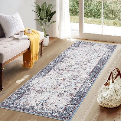 Washable Runner Rug, Non-Slip, Vintage Floor Carpet, Low Pile, Distressed Pearl Velvet, Foldable, Soft, Bathroom, Laundry, Entryway