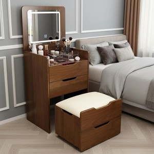 Homy Casa Flip Top Vanity Table with Mirror and Storage Stool for Bedroom or Dressing Area, Walnut - 1 of 4