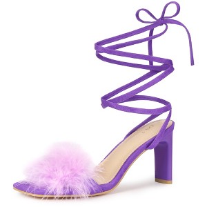 Allegra K Women's Faux Fur Slingback Block Heels Lace Up Sandals - 1 of 4