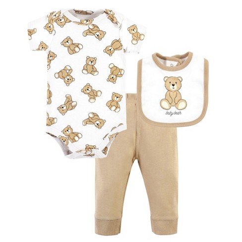 Hudson Baby Cotton Bodysuit, Pant and Bib Set, Teddy Bears - image 1 of 4