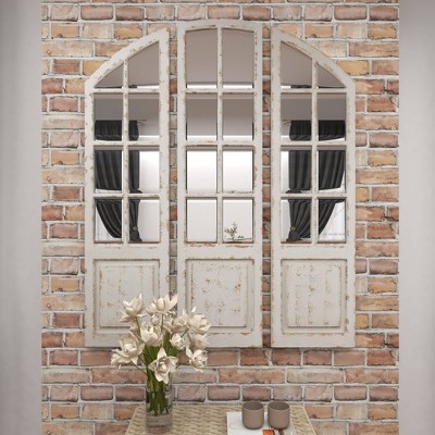 White Distressed Wood Windowpane Arched Decorative Mirror Set