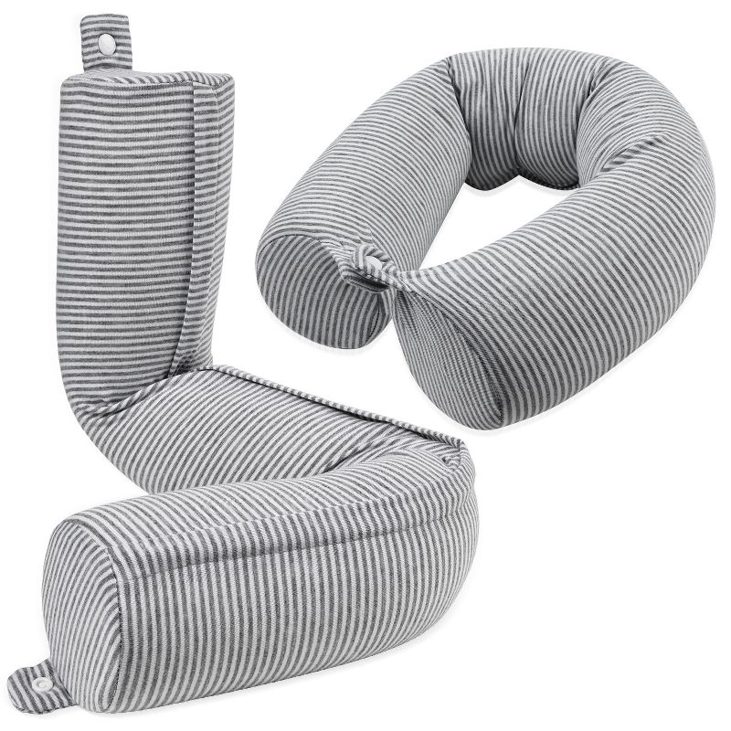 Fosmon Memory Foam Travel Pillow, Travel Neck Pillow For Airplanes Car, Flexible U-Shaped Plane Pillow With Washable Cover, Gray Stripes