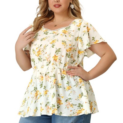 Agnes Orinda Women's Plus Size Floral Blouse Flare Sleeve Sweetheart Neck Elastic Waist Peplum Top