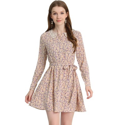Allegra K Women's Peter Pan Collar Long Sleeve Half Placket Floral Dresses