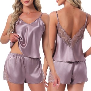 INSPIRE CHIC 2 Pcs Women's Satin Pajamas Silky Soft V-Neck Lace Trim Lingerie Camisole Tops with Shorts Loungewear Set - 1 of 4