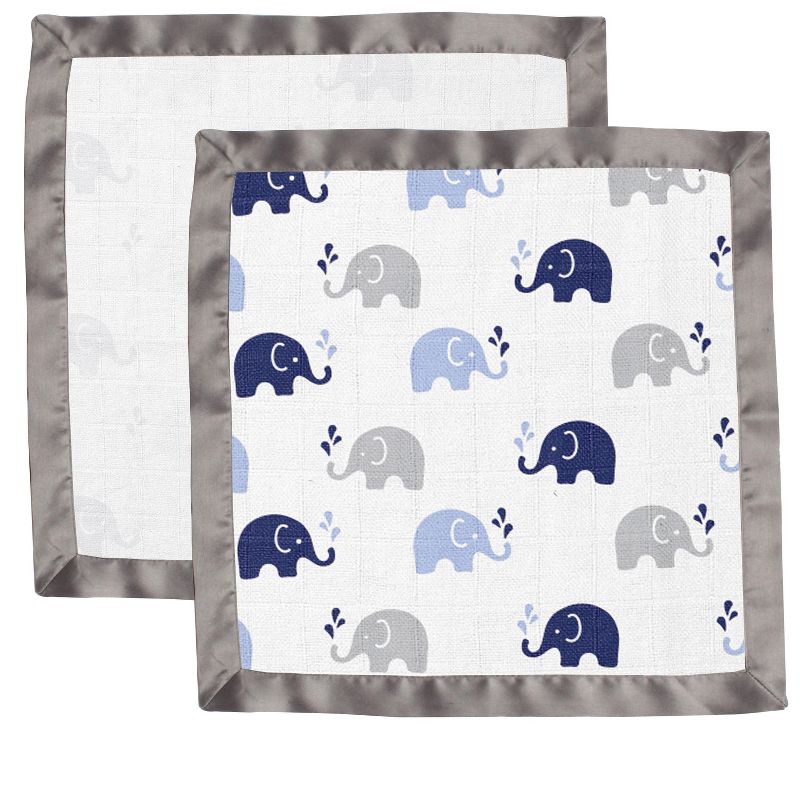 Bacati - Elephants Blue/Gray Muslin 2 pc Security Blankets, 3 of 10