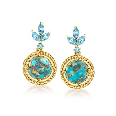 Ross-Simons Turquoise and .37 ct. t.w. Swiss Blue Topaz Drop Earrings in 18kt Gold Over Sterling