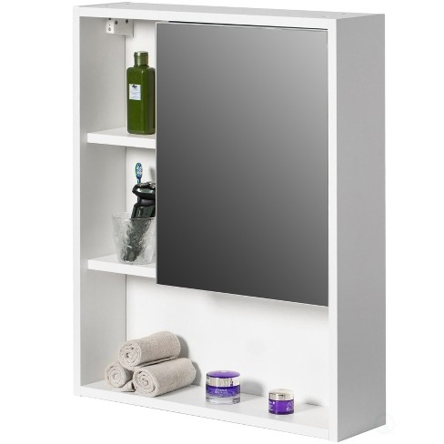 Basicwise Wall Mount Bathroom Mirrored Storage Cabinet with Open Shelf | 2  Adjustable Shelves Medicine Organizer Storage Furniture (White)