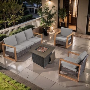 Buenhomino Patio Rattan Furniture Set 4-Piece Outdoor PE Wicker Conversation Set with 50,000BTU Fire Pit Table - 1 of 4