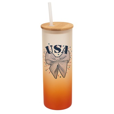 Elanze Designs 25 Ounce Frosted Glass Gradient Travel Tumbler With Straw and Wooden Lid, USA Bow Orange