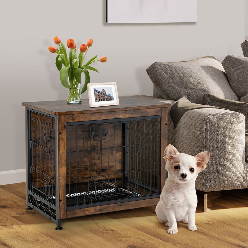 Tangkula Wooden Dog Crate Furniture with Tray Double Door Dog Kennels End Table, 2 of 10