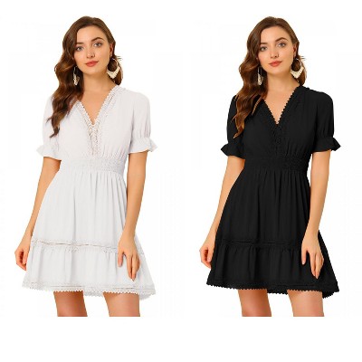 Allegra K Women's V Neck Smocked Elastic Waist Short Sleeve Boho Crochet Trim Mini Dress 2 Packs