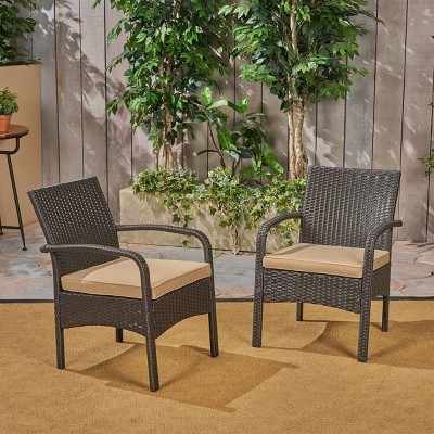 Outdoor PE Rattan Dining Chairs Set Of 2,Fabric Upholstered Dining Chair With Iron Frame,Rattan Patio Lounge Armrests Chair-Coolbibila