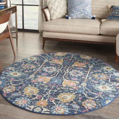 Bohemian Navy Floral Round Synthetic Area Rug - 5'3"