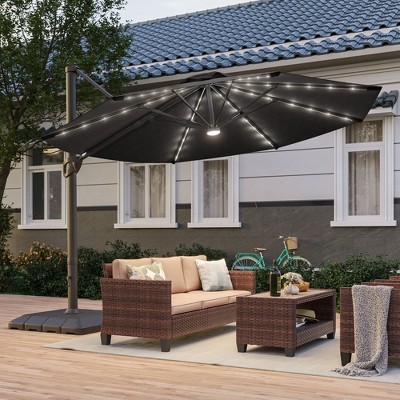 Sonkuki Outdoor 11Ft Aluminum LED Cantilever Patio Umbrella with Base for Patio Deck Garden