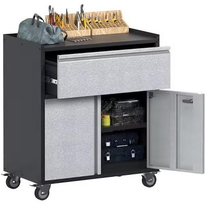 AOBABO Metal Rolling Tool Cabinet with 1 Drawer & 2 Door, Garage Cabinets in Black and Grey