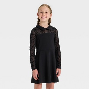 Girls' Long Sleeve Spider Web Halloween Dress - Cat & Jack™ Black - 1 of 3