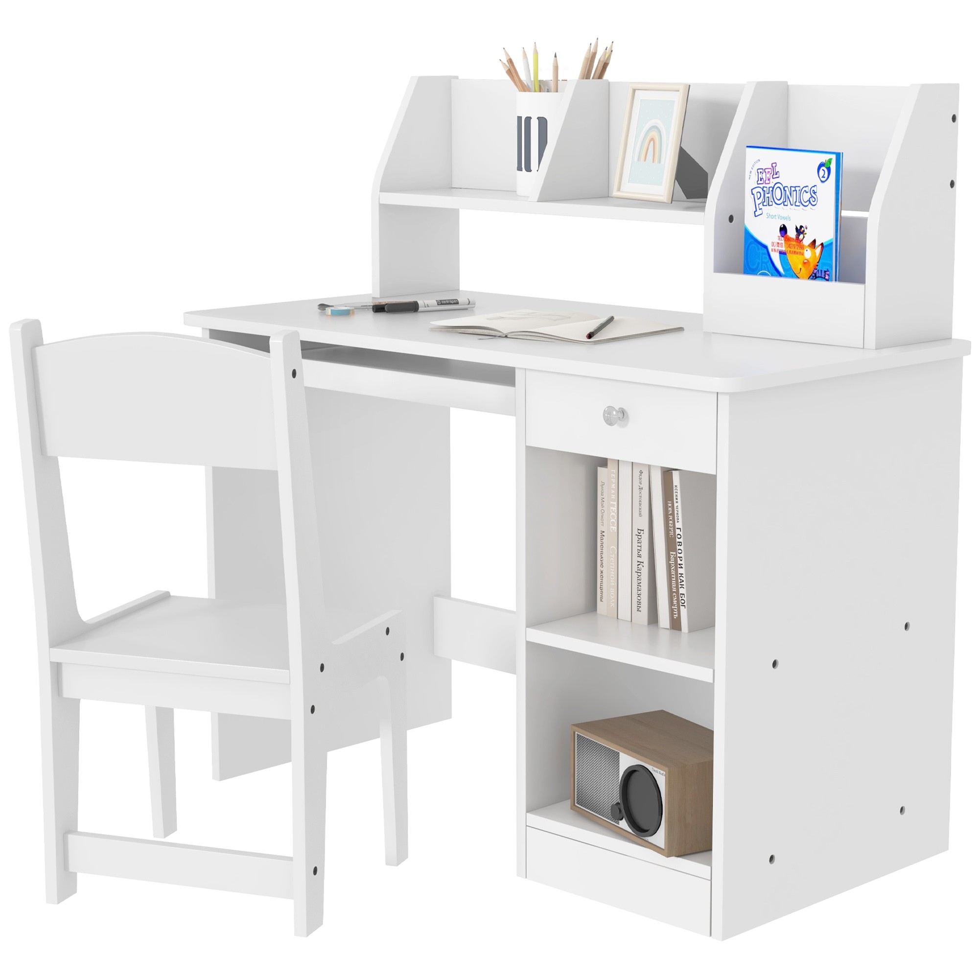 White Qaba Kids Desk and Chair Set with storage, showing the desk and chair components.