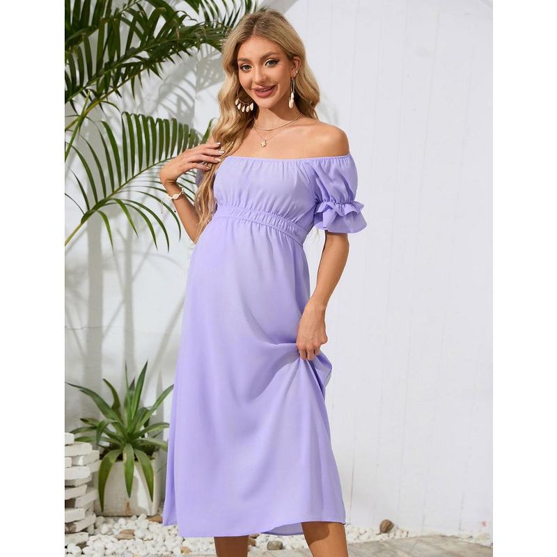 Whizmax Women's Maternity Off Shoulder Dress Ruffle Short Sleeve Summer Casual Flowy Midi Dress Baby Shower Photoshoot, 5 of 9