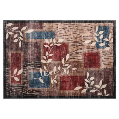 Floral Area Rug, Washable Modern Low Pile Rug for Living, Bed & Dining, Non-Slip Neutral Indoor Carpet, Abstract Rug for Office Red/Brown